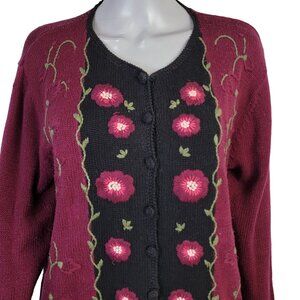 Vintage 90s Embroidered Floral Cardigan Sweater Women Large Burgundy Black Shirt